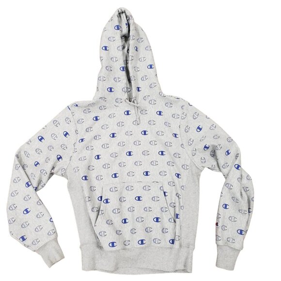 Champion Reverse Weave Mens Medium M Hoodie Sweatshirt Gray Grey Logo All Over - Picture 1 of 12